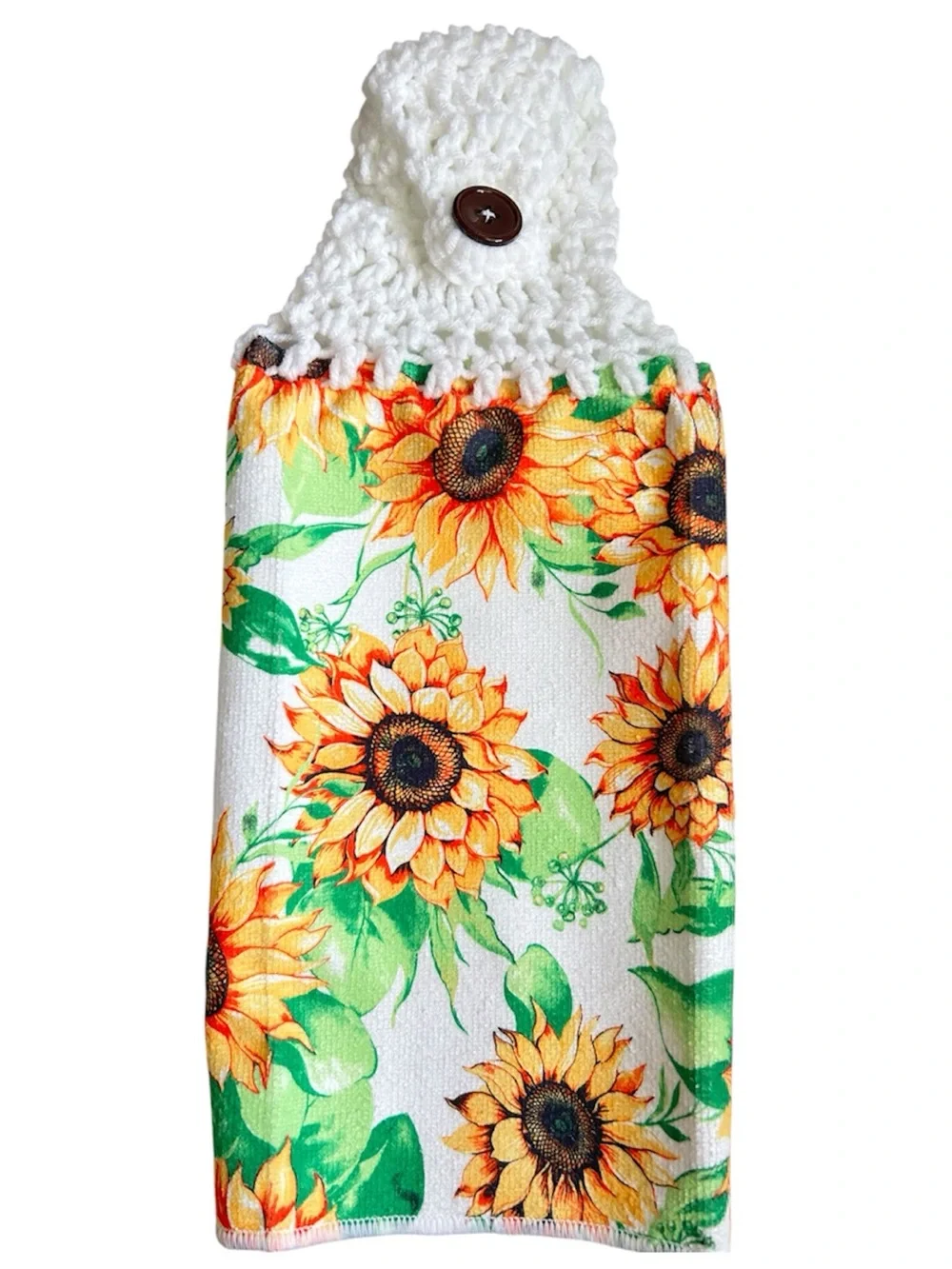 Hand Crafted Sunflower Hanging Kitchen Hand Towel - White, Yellow, Green